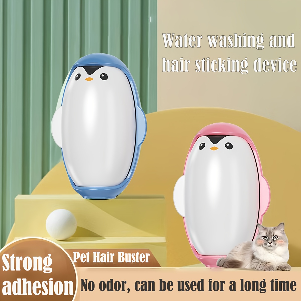Cute Penguin Reusable Pet Hair Remover Roller, Washable, Strong Adhesion for Cat, Dog Fur, Portable Lint Brush