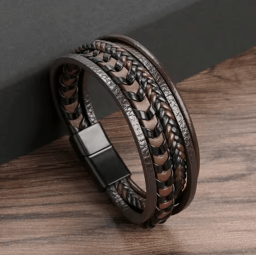 Mens Multi Layer Braided Leather Bracelet Magnetic Buckle Vintage Rope Wristband