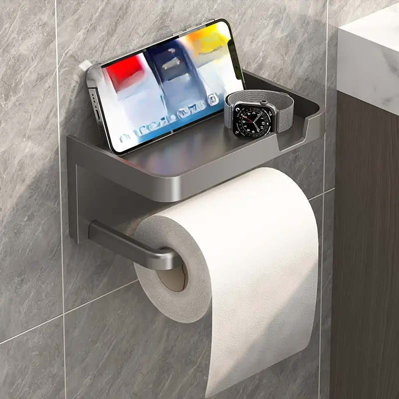 Wall-Mounted Toilet Paper Holder with Phone Shelf, No Drill, Polypropylene Bathroom Organizer
