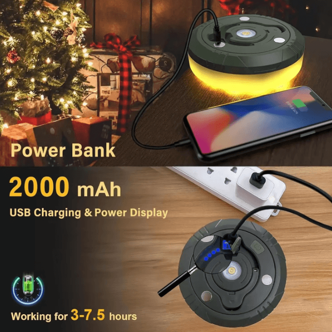 4-in-1 LED Camping String Lights with Retractable Reel & USB Recharge