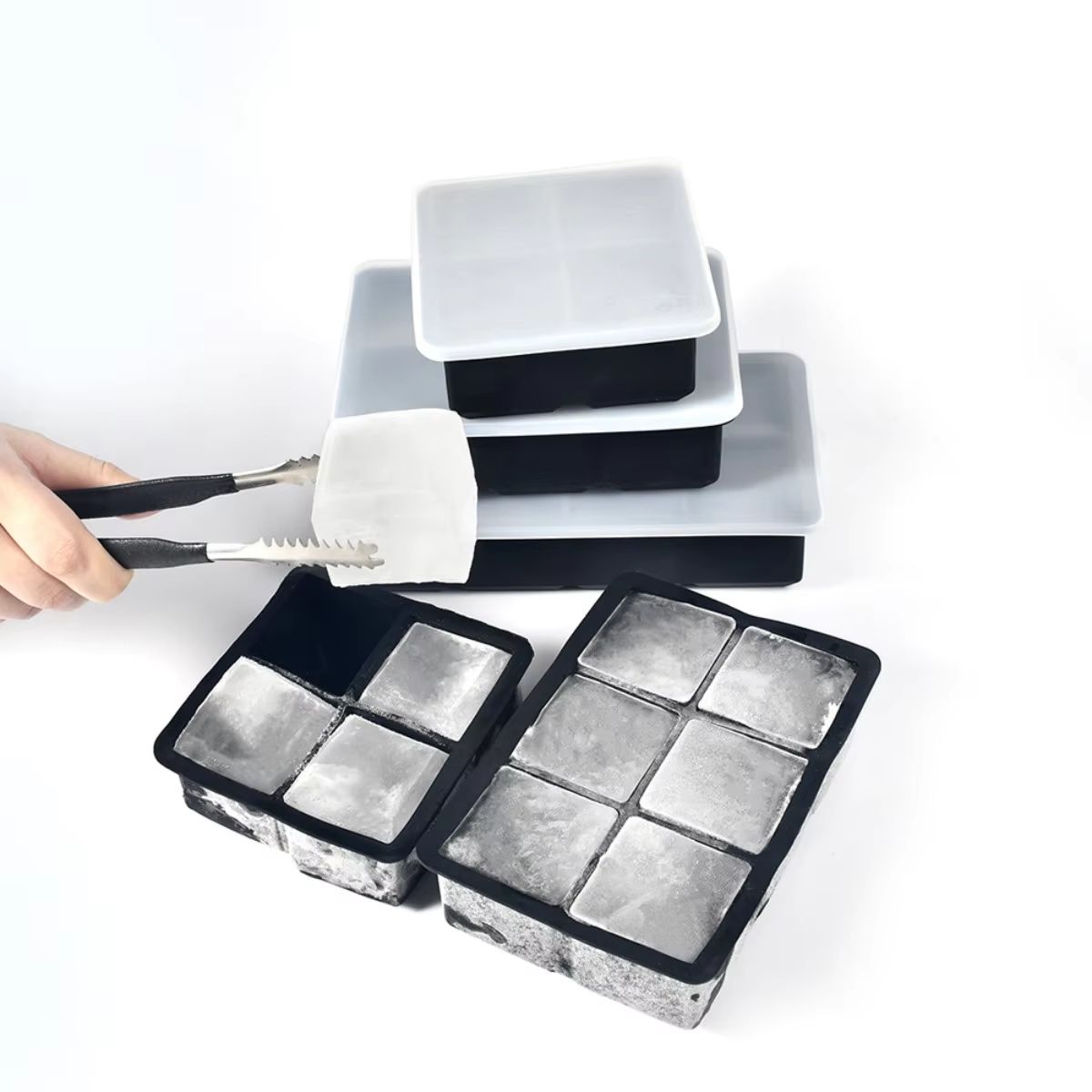 Multi-Grid Silicone Ice Tray Set with Lid – 4/6/8-Grid Flexible Ice Cube Mold for Drinks & Cocktails