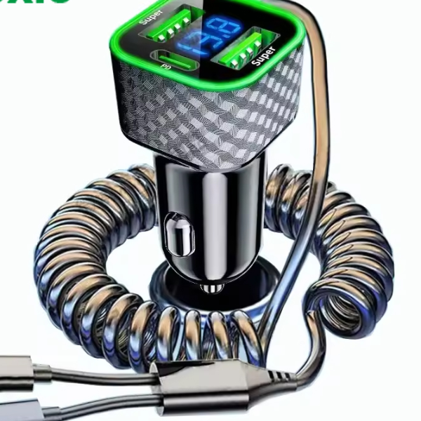 Voltage Display Spring Cable Super Fast for iPhone Pro Max Samsung USB C Car Phone Charger Adapter with dual fast ports