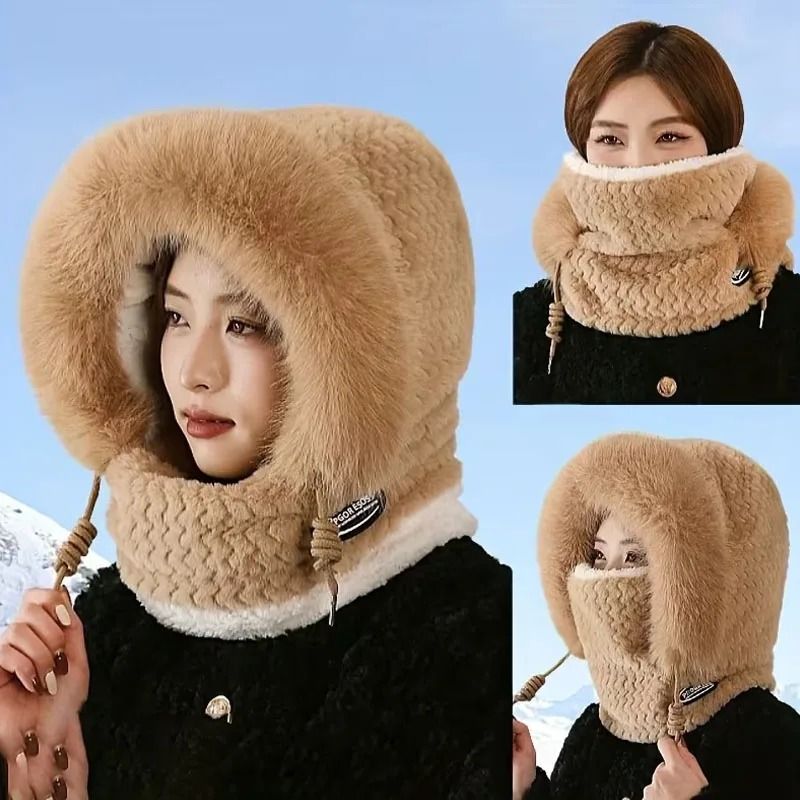 Women Thermal Plush Hood Hat Scarf Mask Set Windproof Winter Wear