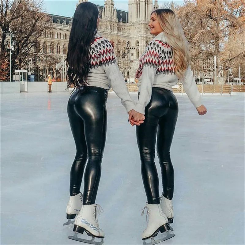 Women's Plus Size High Waist Faux Leather Leggings – Stretchy Slim Fit Black PU Skinny Pants