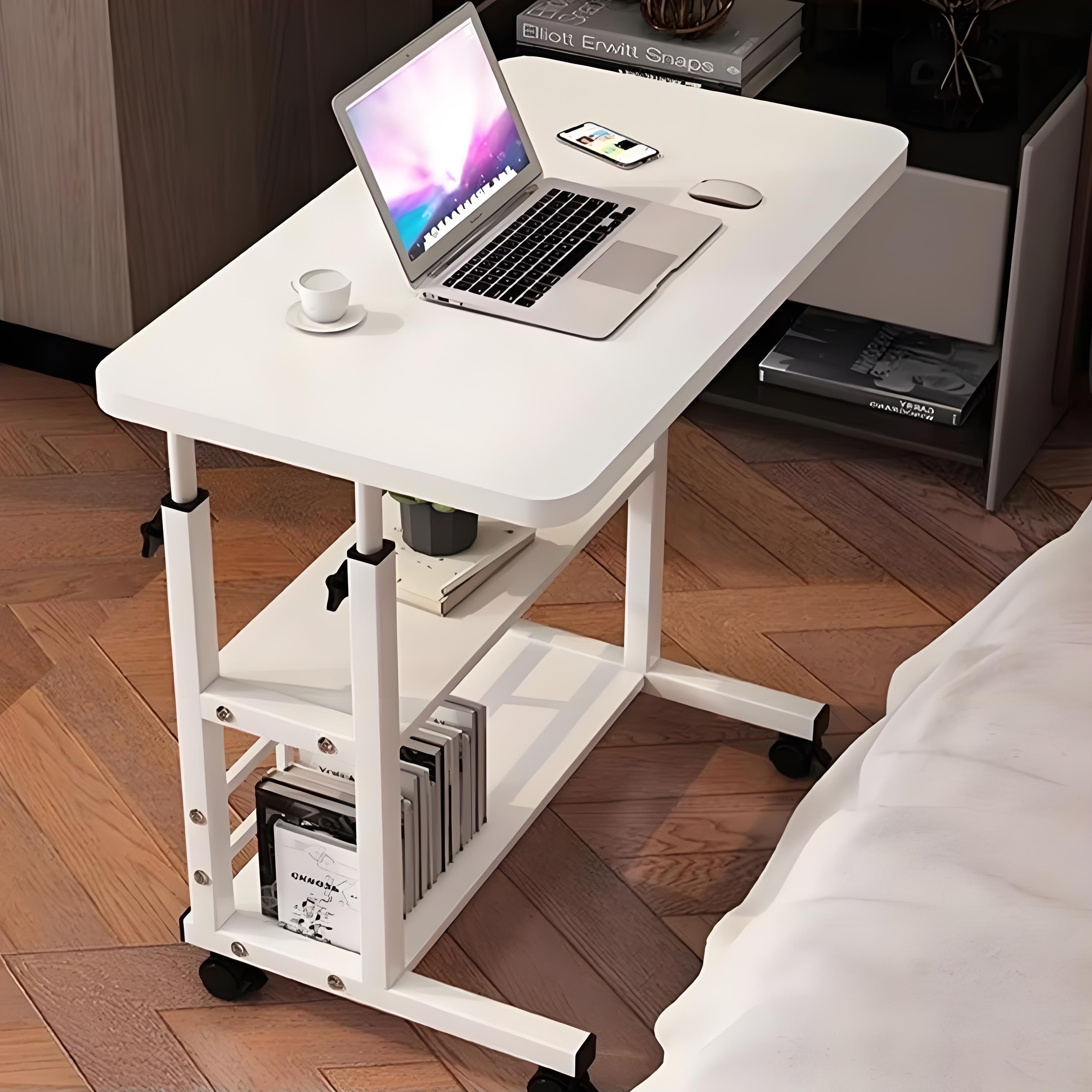 Movable Double-Layer Desk with Storage Shelf, White Lift Table, Bedside Laptop Furniture for Office