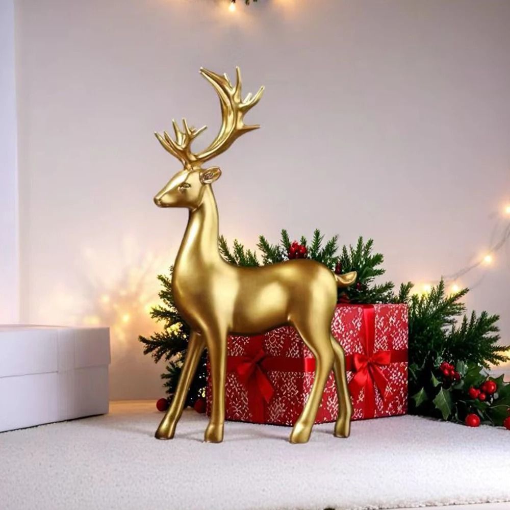 Golden Reindeer Christmas Table Decor | 2-Piece Elegant Elk Home Statue Set