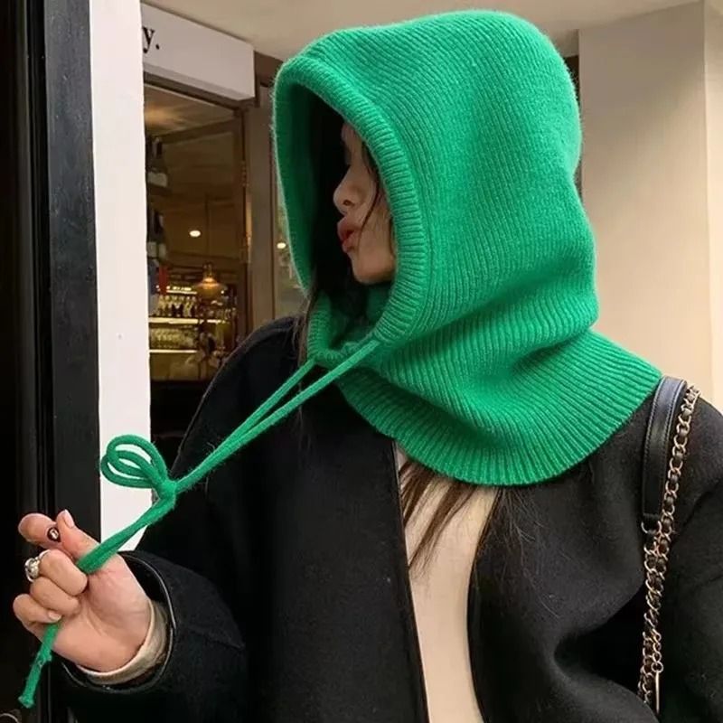 Korean Style Knitted Hooded Balaclava – One-Piece Thermal Neck Collar Beanie