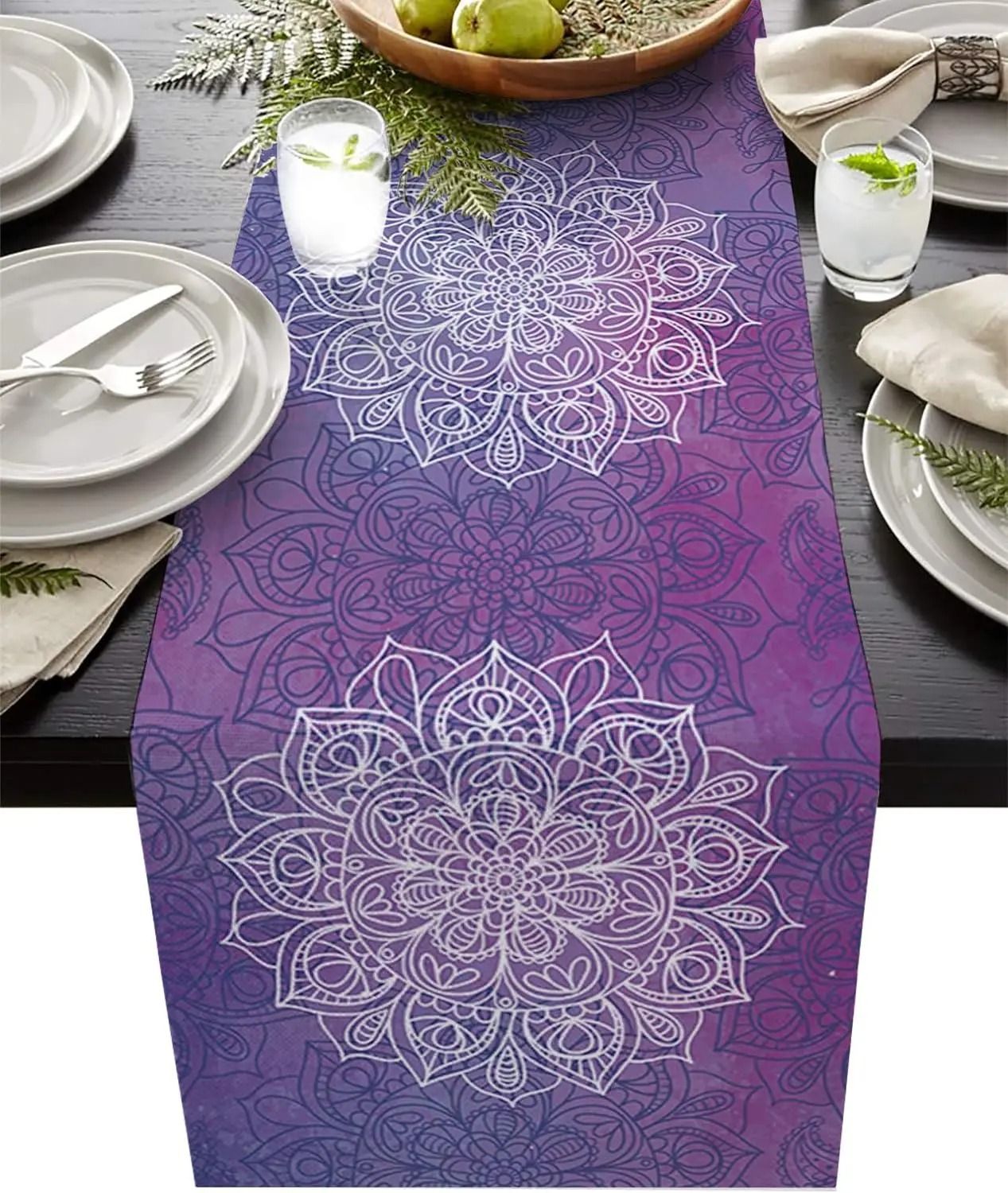 Bohemian Mandala Flower Linen Table Runner | Farmhouse Holiday Party Decor