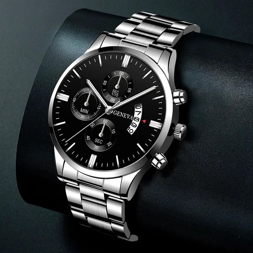 Mens Luxury Watch Stainless Steel Wrist Watch Quartz Business Calendar Silver