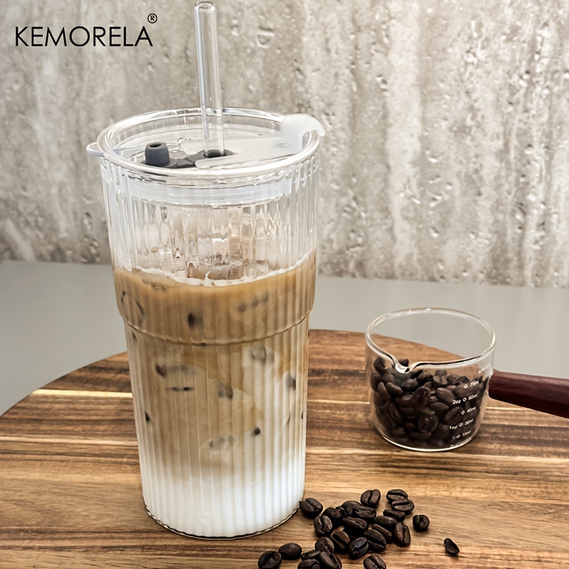 Ribbed Glass Tumblers with Lids and Straw Large Capacity Coffee Cup for Iced Americano Juice Coke Beer