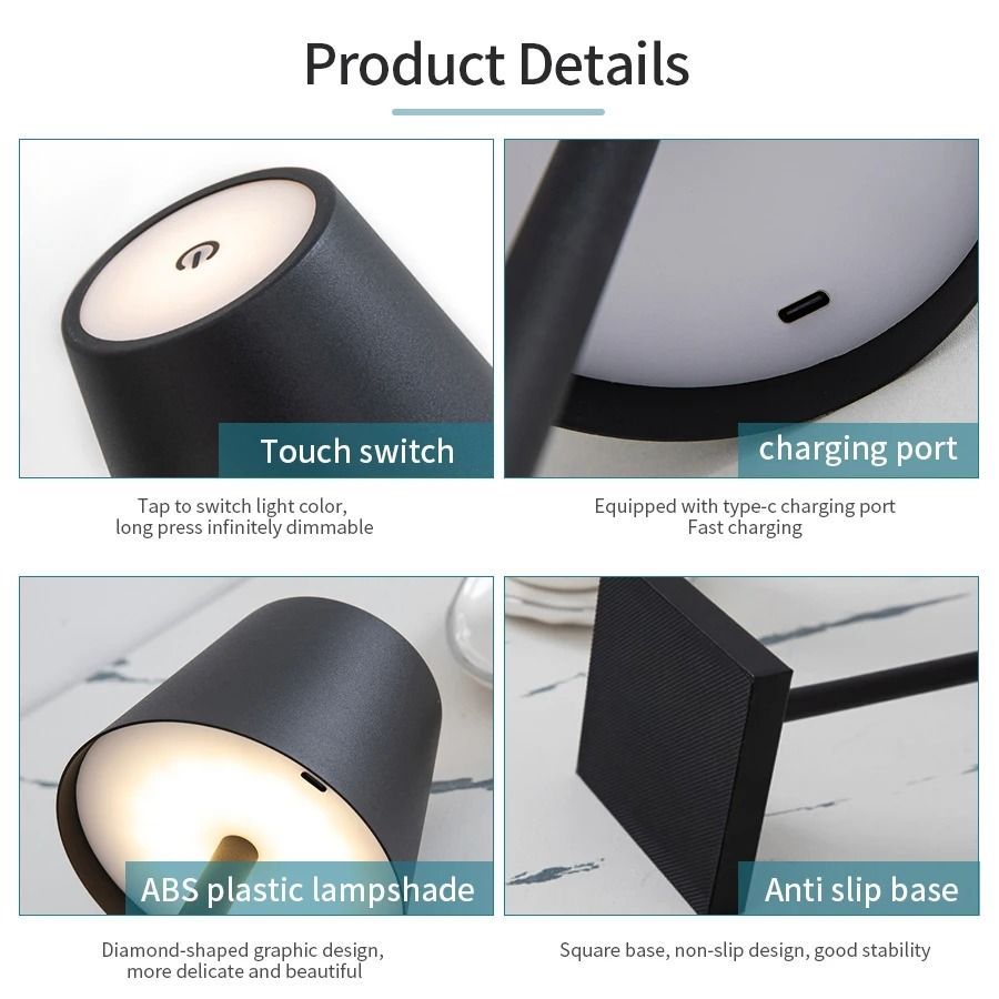 Rechargeable LED Table Lamp Touch Switch Three Levels Dimmable Desk Light