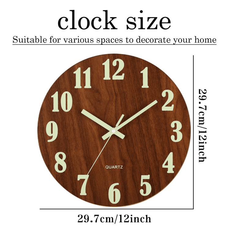 12-Inch Luminous Wooden Wall Clock – Silent Nordic Glow Night Light Design