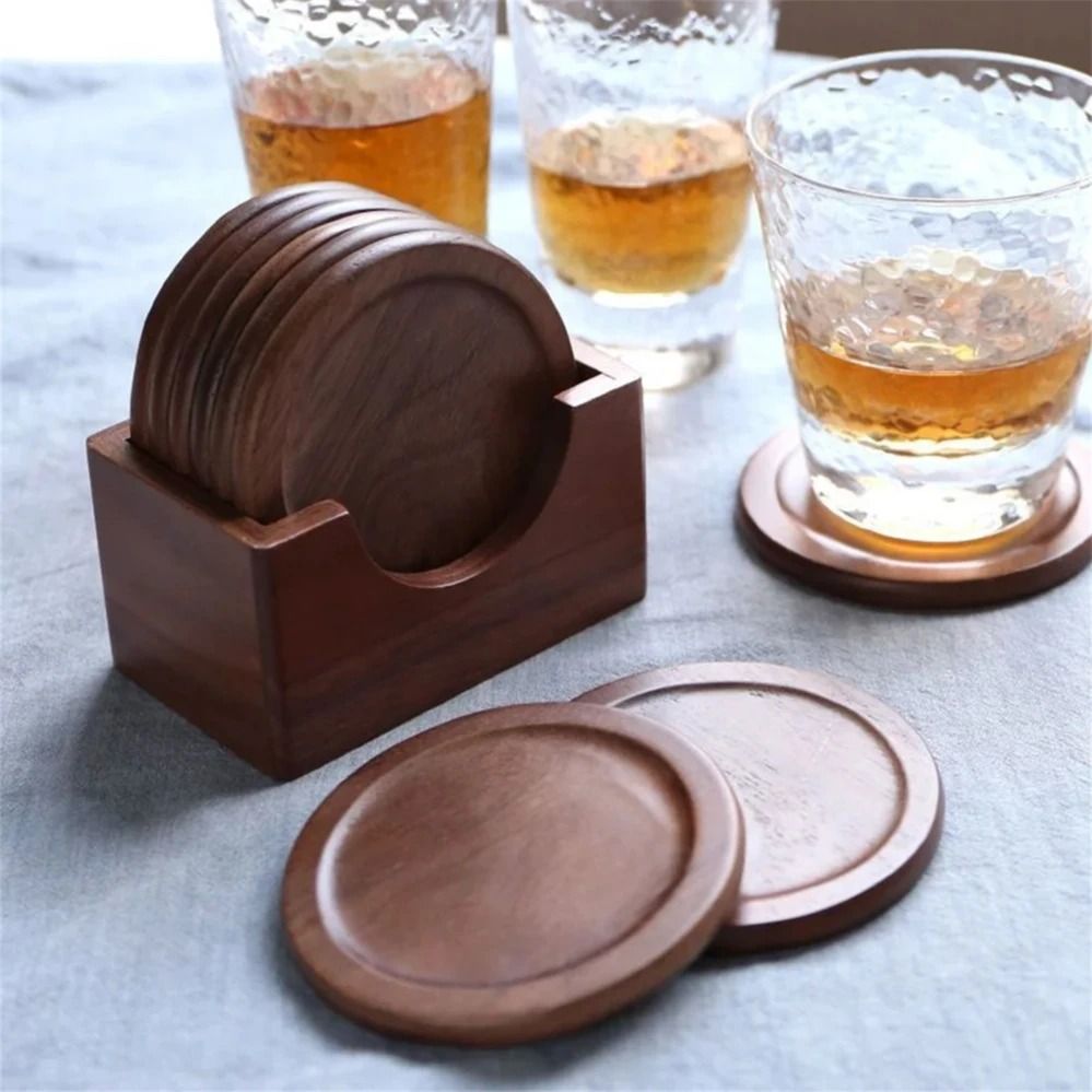 6-Piece Solid Walnut Wood Coaster Set – Premium Round Insulated Placemats for Japanese-Style Coffee & Home Decor
