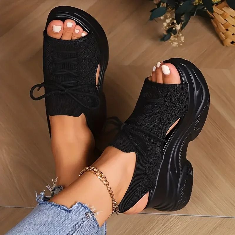 Women Round toe Wedge Lace up Casual Sneakers Breathable Non-slip Thick Sole