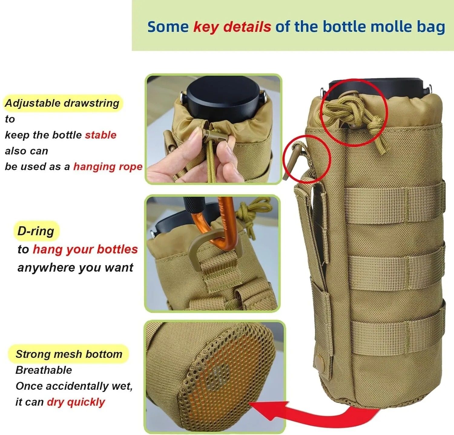 Tactical MOLLE Water Bottle Pouch High Density 1000D Nylon Bottle Holder with Drawstring and Mesh Bottom