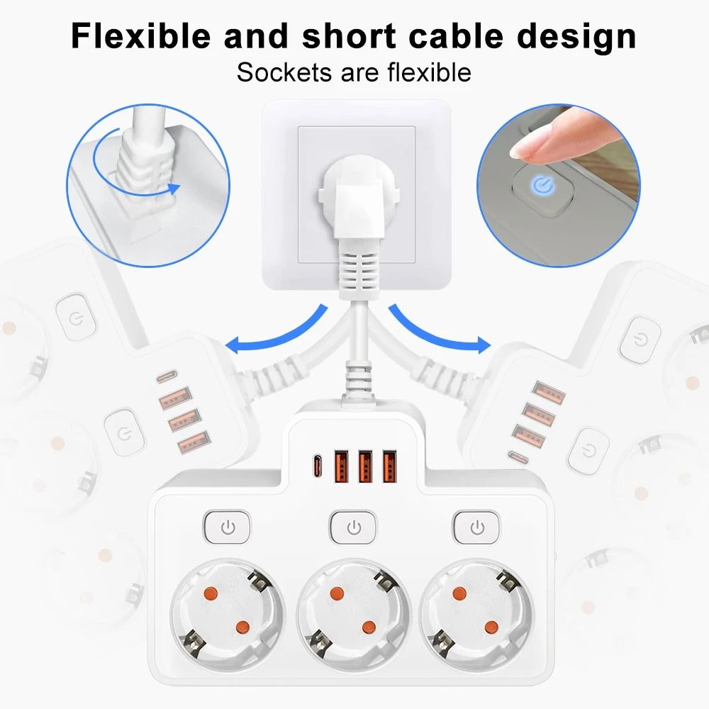 Wall Mounted EU Power Strip with Independent Switch & USB Charging