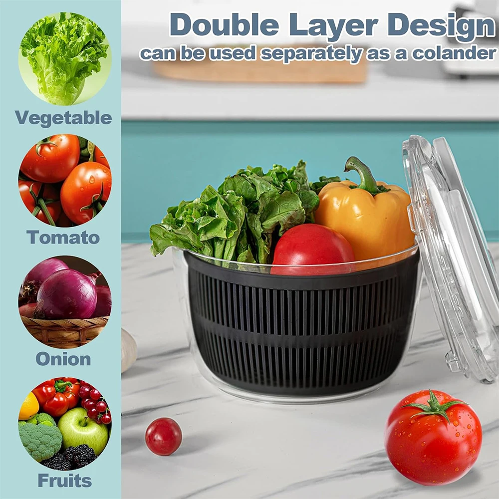 Large Salad Spinner with Lid, One-handed Easy Press Salad Washer, Dryer, Drainer, Mixer