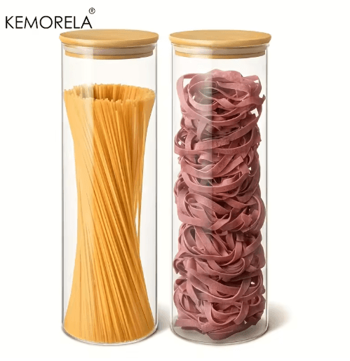 Airtight Glass Pasta Storage Jars with Bamboo Lids Reusable Round Containers (1/2 PCS)