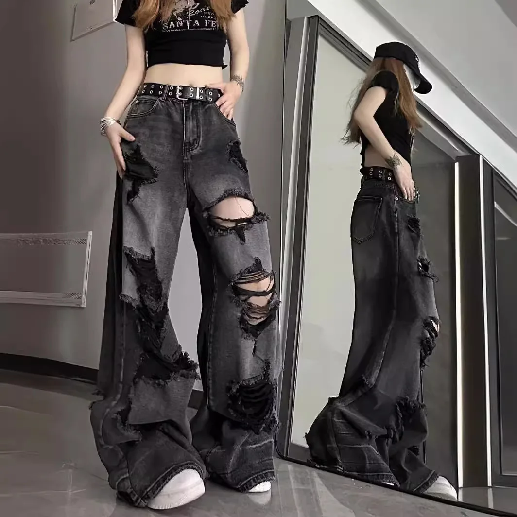Unique Cool Ripped Jeans, Womens Summer Distressed American Style, Loose Fit Bell Bottoms, Versatile Straight Leg Long
