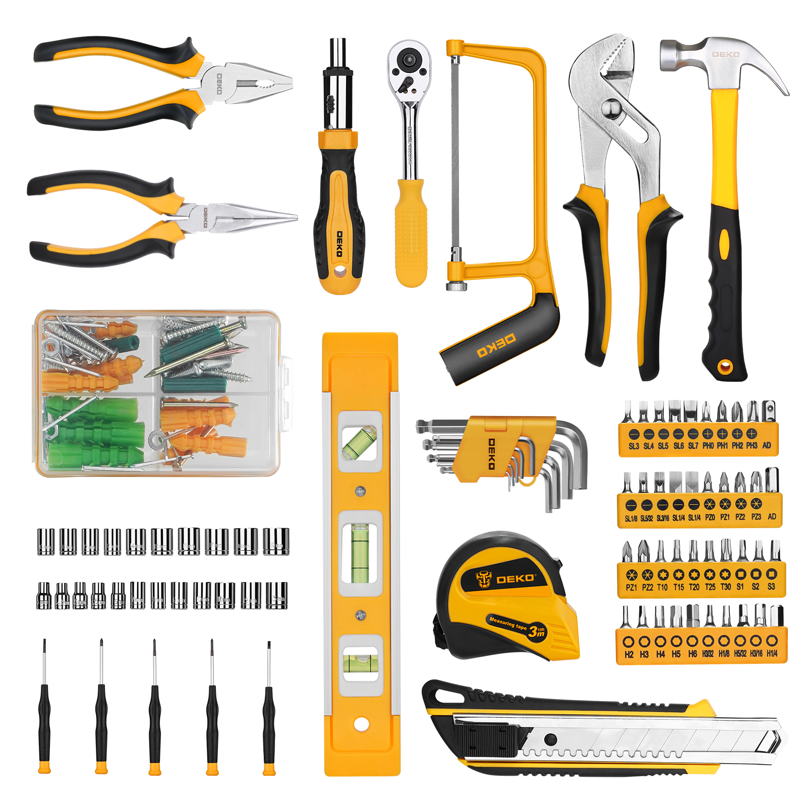 Tool Combination Package, Socket Wrench Hand Tool Set with Plastic Toolbox, Essential Auto Repair Kit