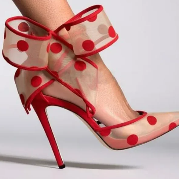 Red Mesh Polka Dot Heels Bow Stiletto Pumps for Women Party Shoes