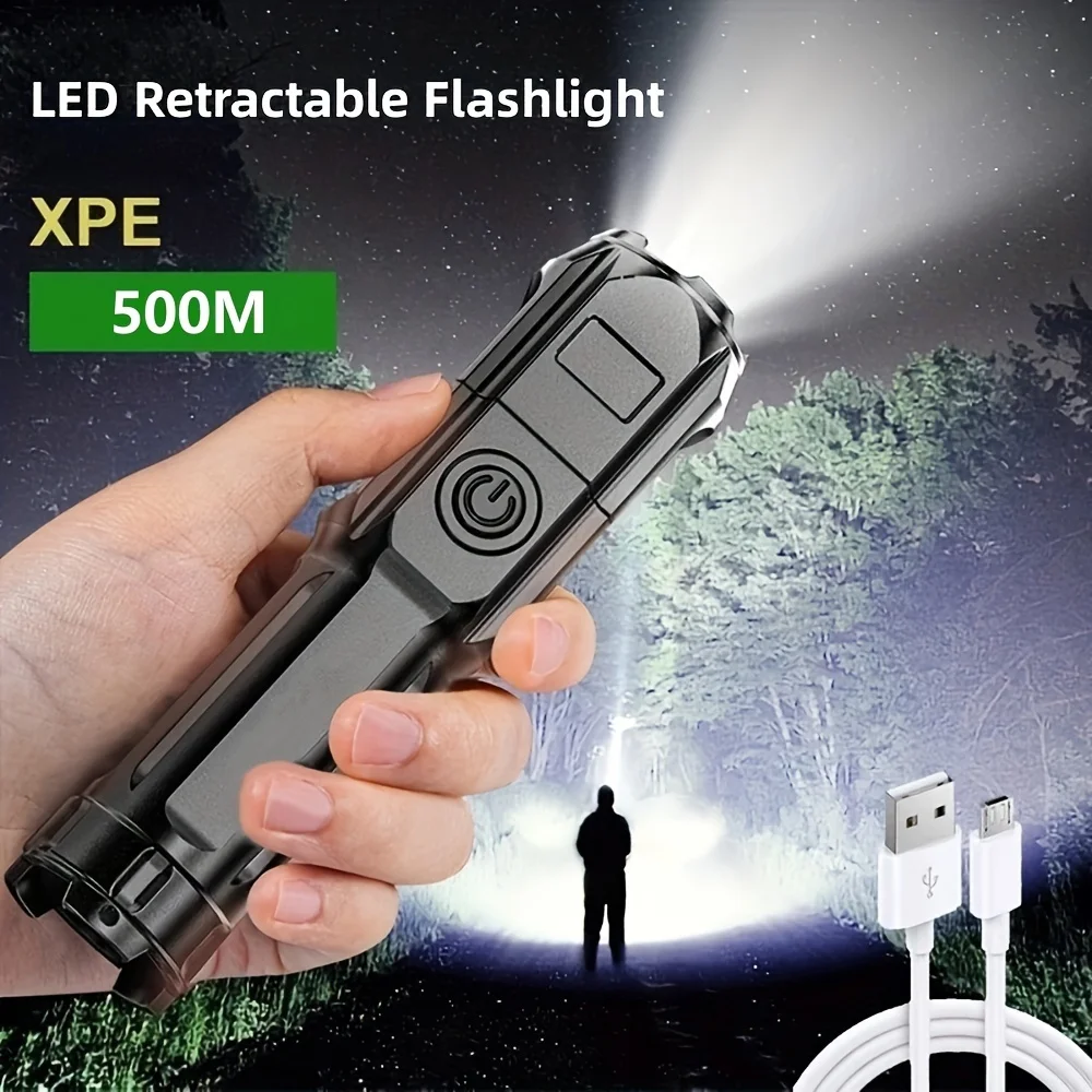 Rechargeable LED Flashlight, Powerful USB Torch, Waterproof Zoom, Tactical Outdoor Flashlight for Camping Hunting