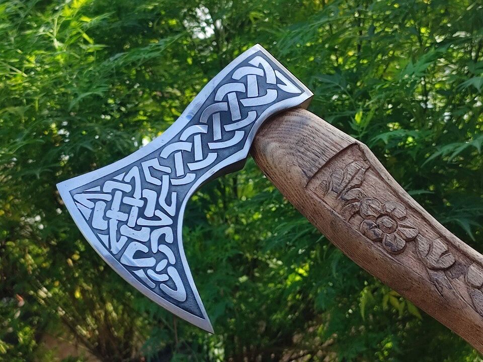 Handmade Rare Art Carbon Steel Blade Viking Throwing Axe - Carved Ashwood Handle