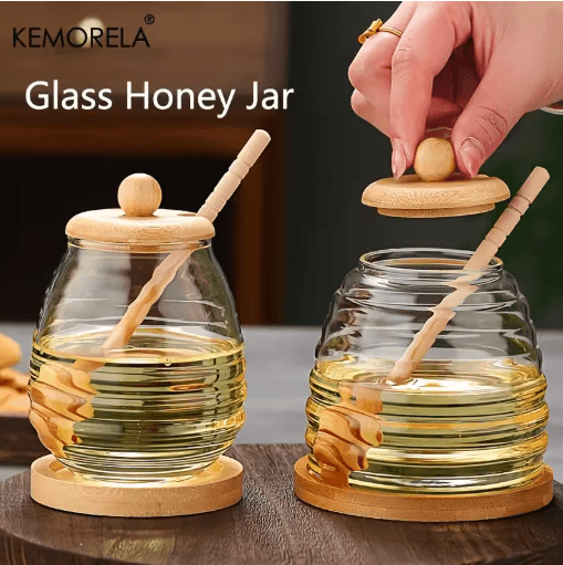 Glass Honeycomb Honey Storage Jar with Dipper & Lid Decorative Honey Bottle for Kitchen & Parties