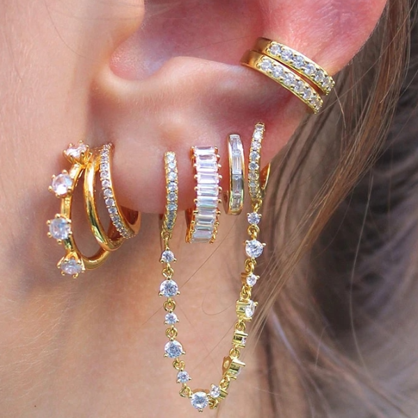 Women Gold Filled Stud Earrings Set, Colorful Zircon Dangle Hoop Earrings, Fashion Party Ear Cuffs
