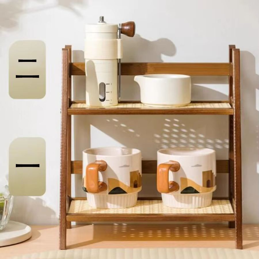 2-Layer Bamboo Countertop Organizer Shelf Multipurpose Coffee Cup & Storage Holder