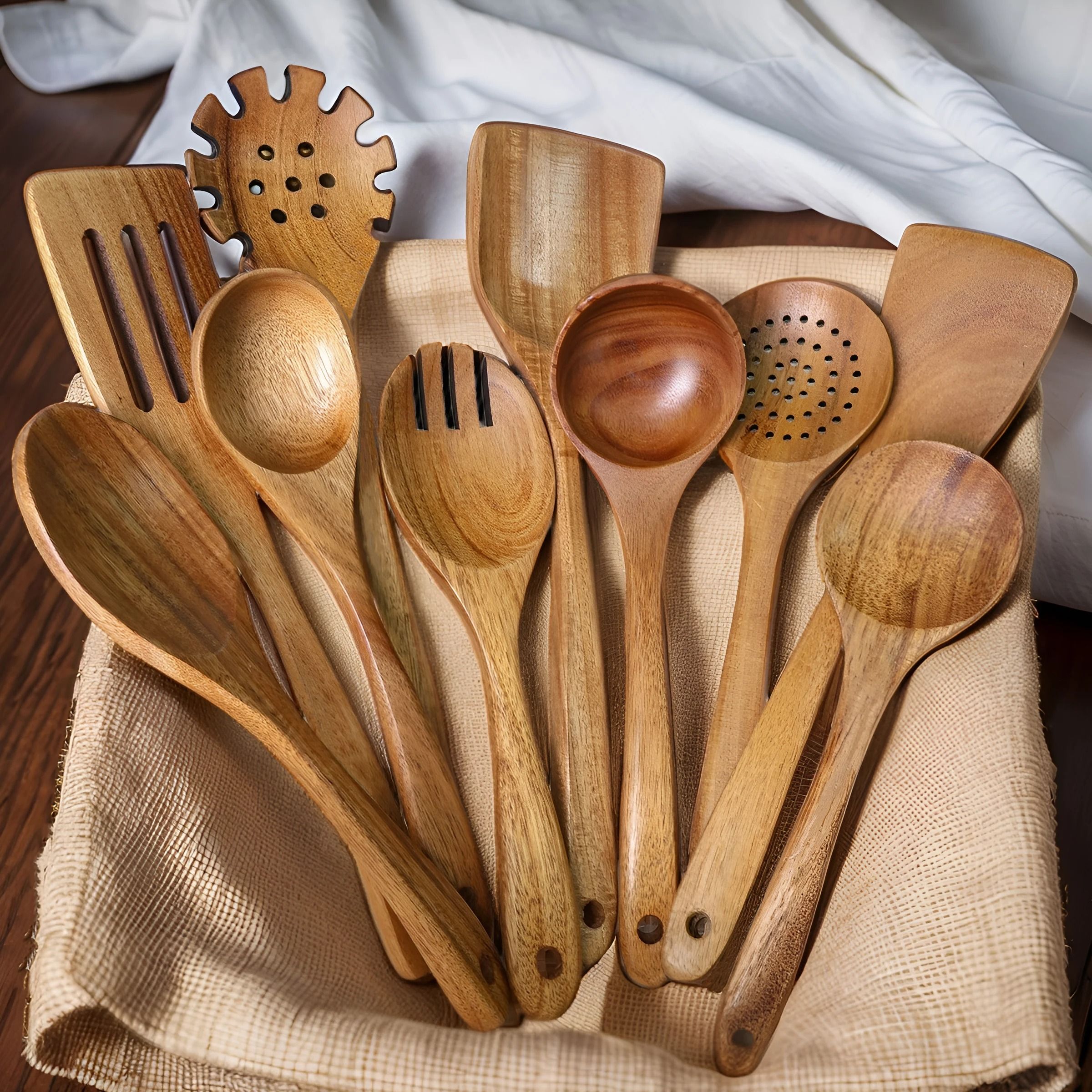10-Piece Wooden Kitchen Utensil Set and Handcrafted Cooking Spoons