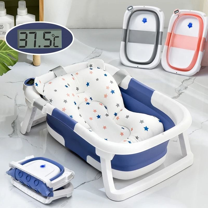Smart Folding Baby Bath Tub with Real-Time Temperature Display and Non-Slip Mat