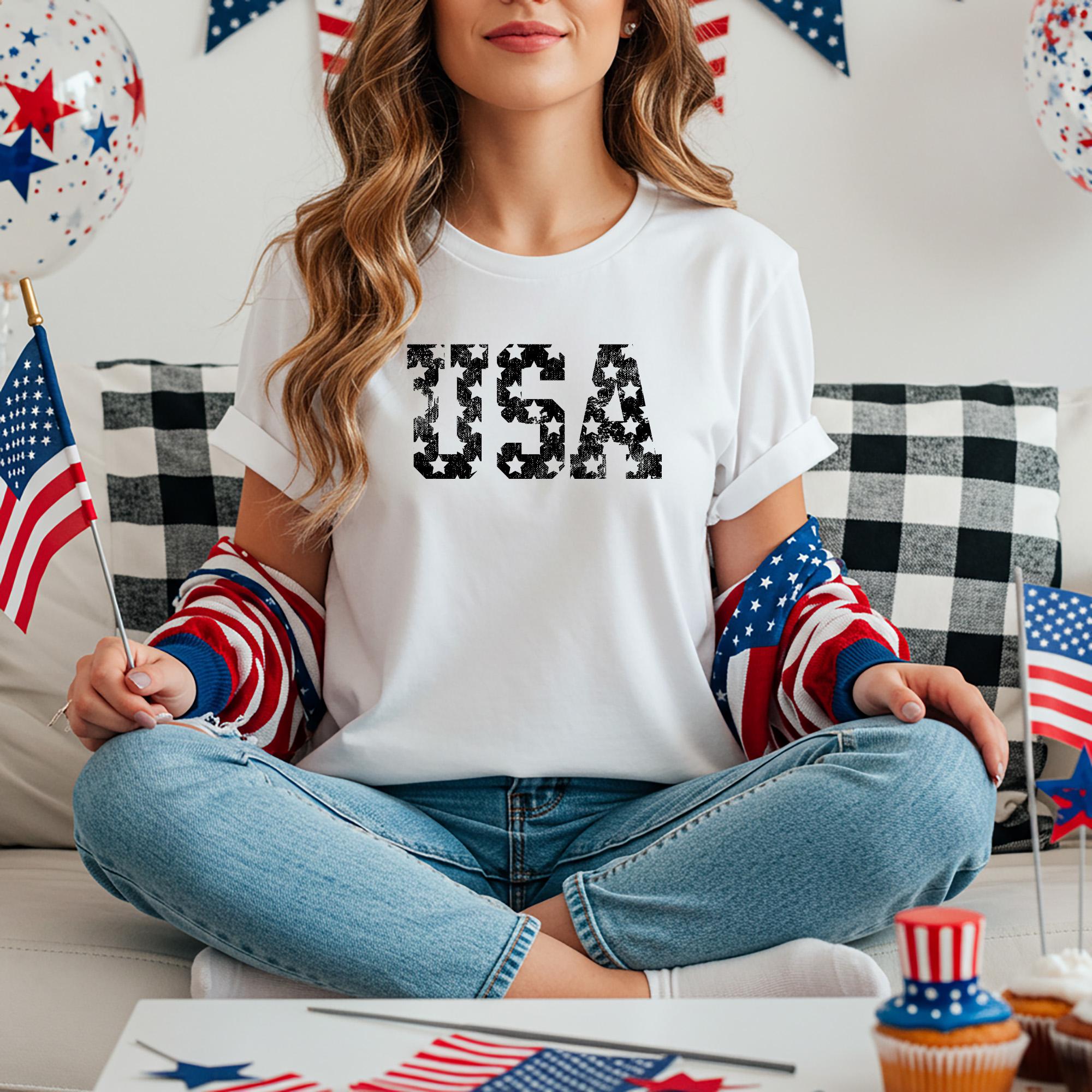 Distressed USA Stars Graphic Tee Retro 4th of July Shirt Patriotic Independence Day Apparel