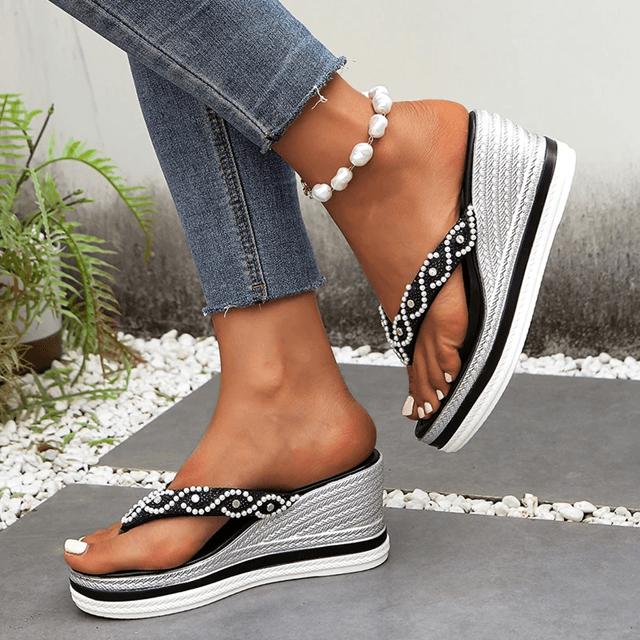 Womens Pearl Decor Wedge Sandals Thick Sole Platform Flip Flops for Summer