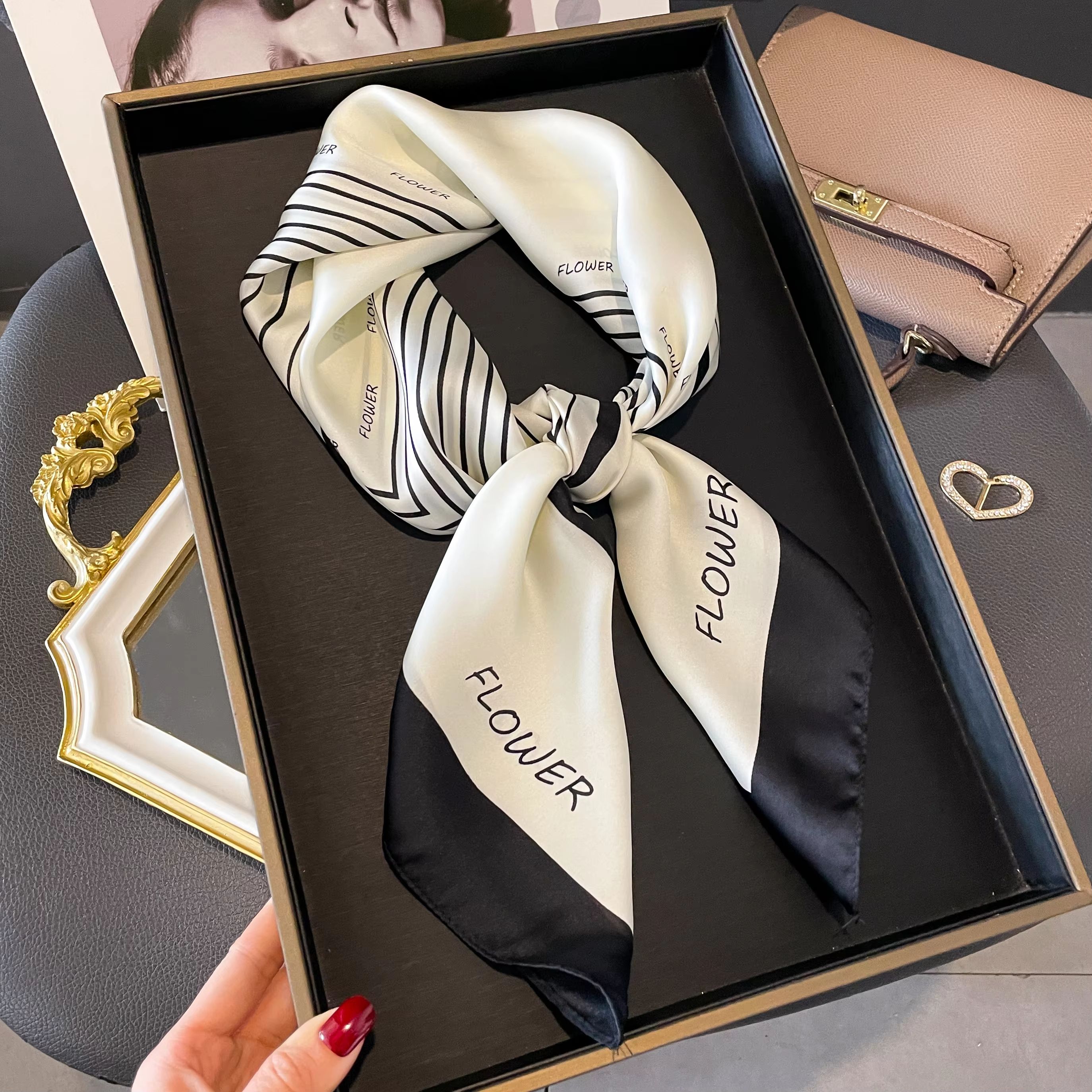 Women's Striped Silk Satin Square Scarf – 27.56x27.56in Elegant Headband, Neck Wrap & Bandana