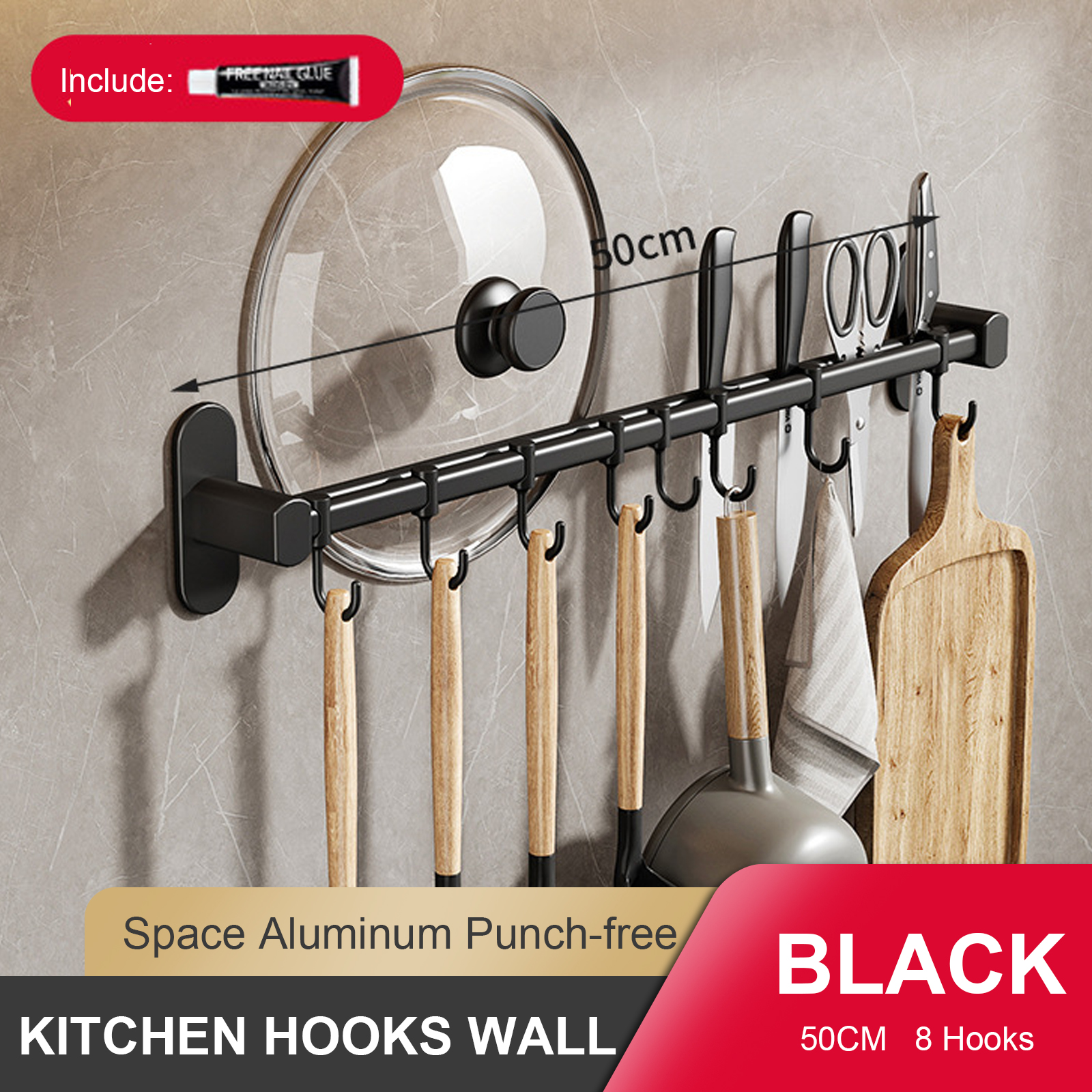 Wall Mounted Kitchen Hook Rack, No-Punching Wall Hangers, Rail Kitchen Utensils Rack, Spoon Shovel, Chopping Board