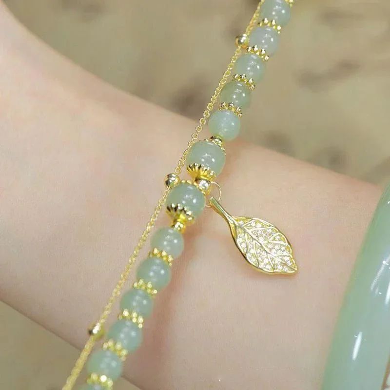 Chinese Style Green Jade Gold Leaf Double Chain Bracelet