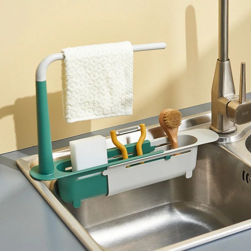ExtendoSink Telescopic Sink Organizer Rack – Adjustable Soap Sponge Holder with Drain Basket & Towel Hanger