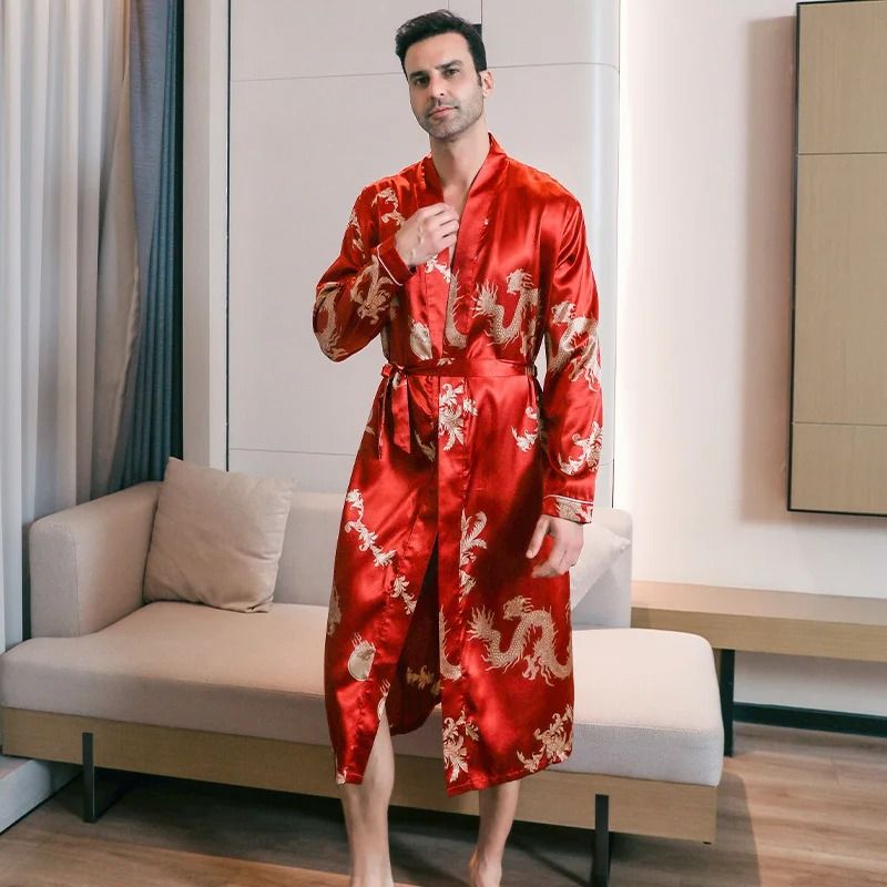 Mens Ice Silk Long-Sleeved Bathrobe – Lightweight Spring & Autumn Sleepwear
