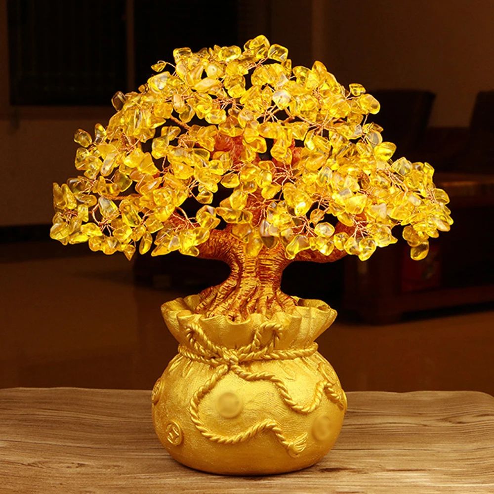 Golden Crystal Wealth Tree Desktop Ornament | Natural Money Bag Shaking Money Tree Gift for Home Office Christmas Decor