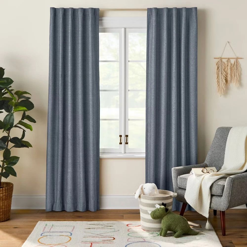 Blackout Chambray Cotton Kids' Curtain Panel, Navy, Noise Reduction, UV Protection - Pillowfort