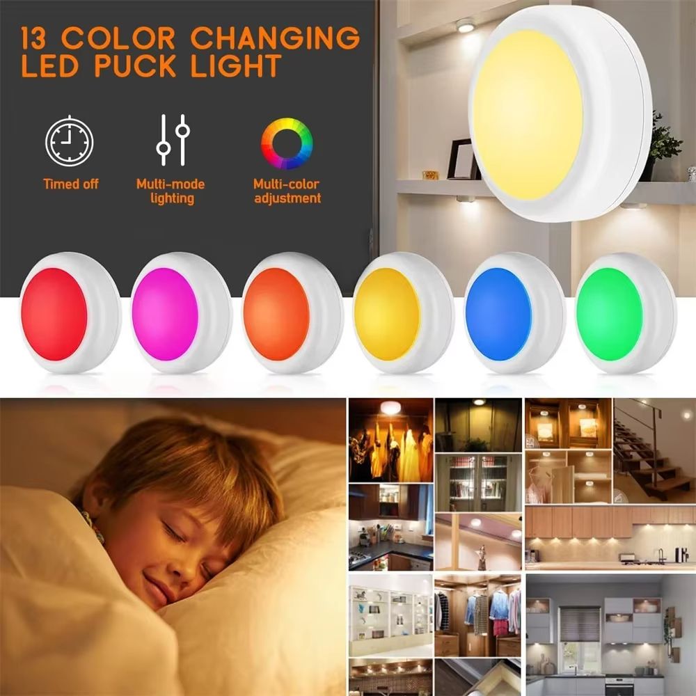RGB Remote Control LED Puck Lights Wireless Dimmable Under Cabinet Lighting for Kitchen, Closet & Shelves