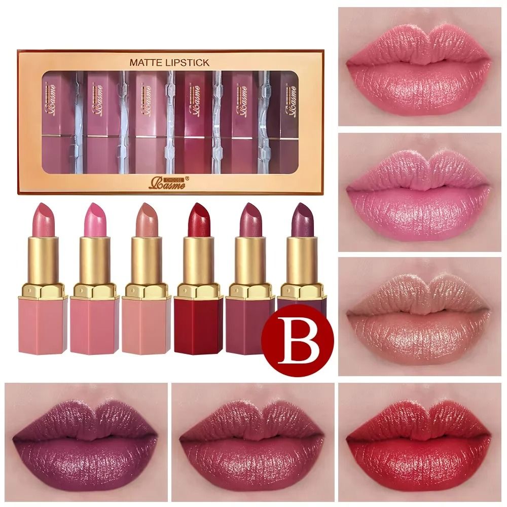 6PCS Gold Bar Tube Matte Lipstick Set | Pearlescent Glitter Velvet Texture Valentine's Day Gift