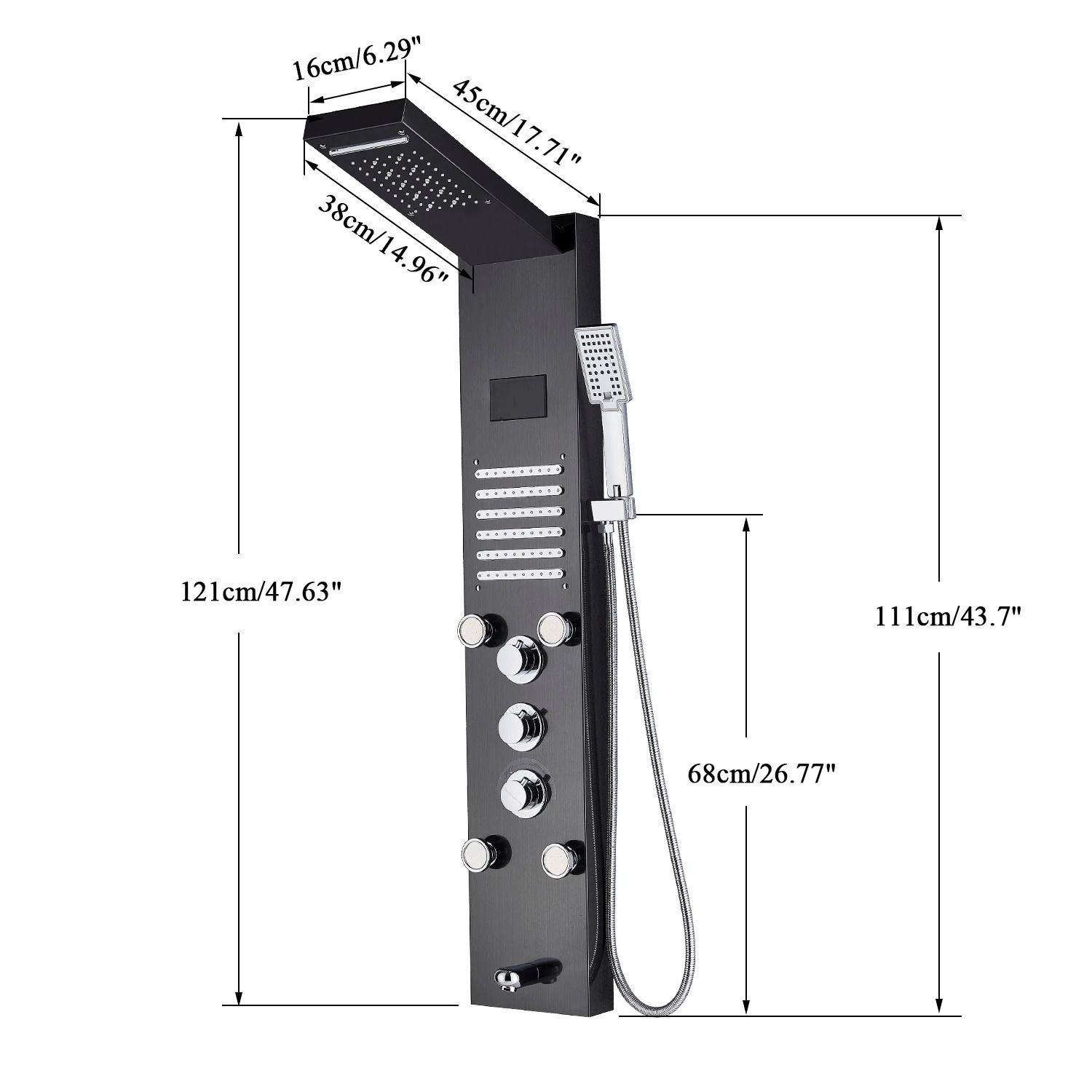 LED Rainfall Shower Panel with Digital Display and Massage Jets