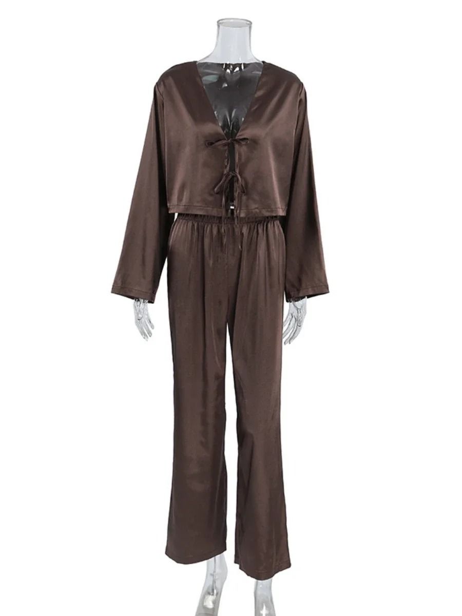 Blubelle Silk-Style Cardigan Pajama Set – Loose Long Sleeve Home Clothing