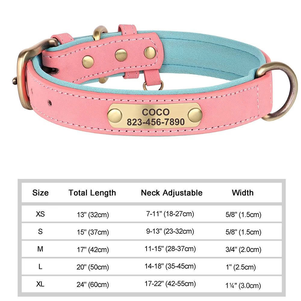 Custom Engraved PU Leather Dog Collar with Personalized ID Nameplate