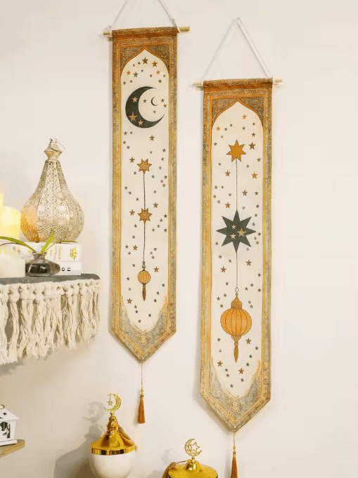 Islamic Ramadan Wall Banner Tapestry – Moon Star Lantern Eid Mubarak Decor for Home & Party