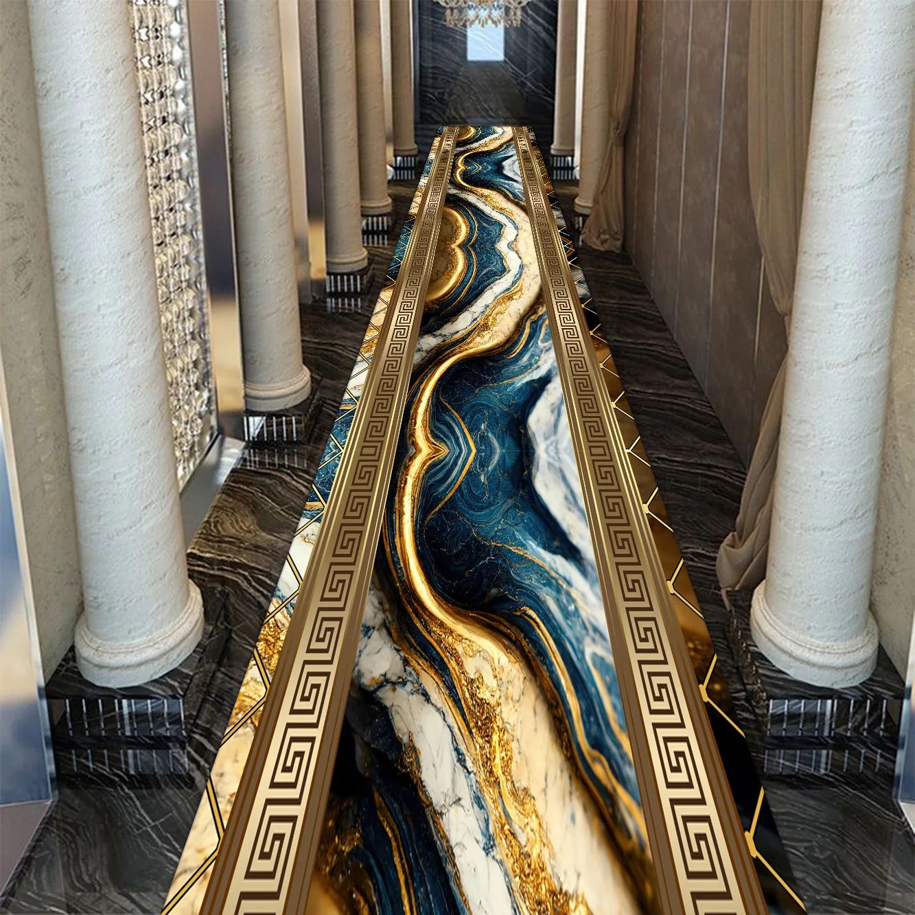 Golden Marble Runner Rug – Luxury Non-Slip Hallway & Stair Carpet