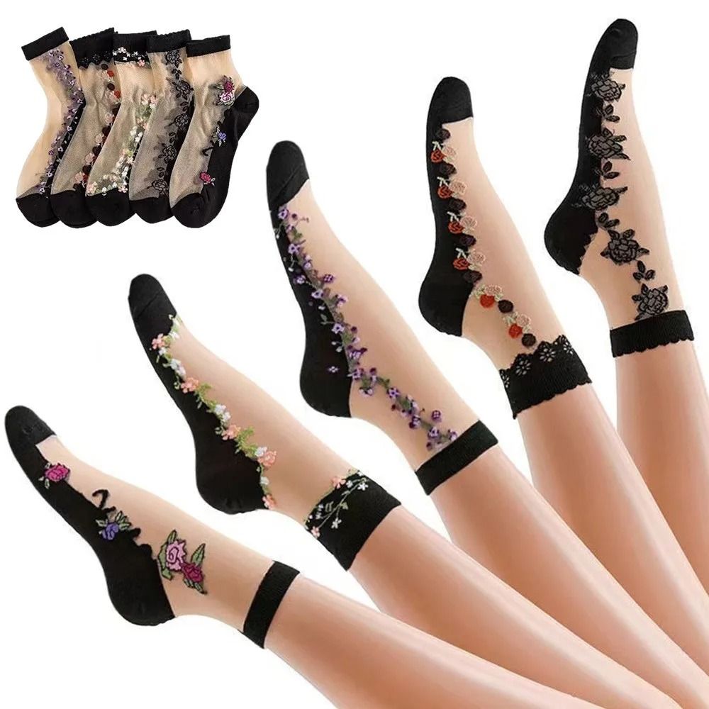 5 Pairs Ice Silk Socks Women Spring Summer Mid Tube Breathable Anti Slip Crystal Thin