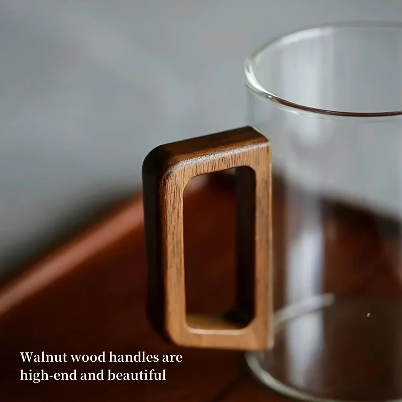 Glass Cups, Walnut Handle, Heat-resistant Mug, Large Capacity, Tea Making Cup, Office Drinking Glasses